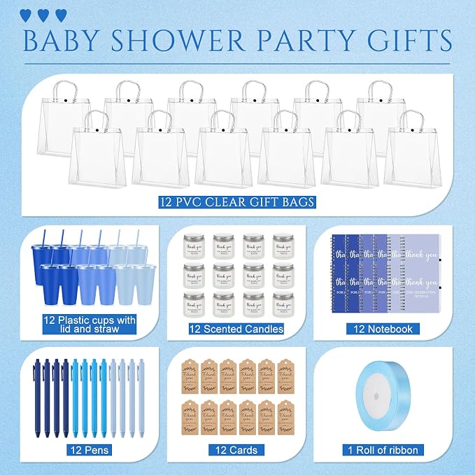 Nuogo 12 Sets New Parent Shower Prizes for Player Winners Adult, Wedding Bridal Shower Gift, Plastic Tumbler Notebook Scented Candle Ballpoint Pen Bag (Gradient Blue,Classic Style)