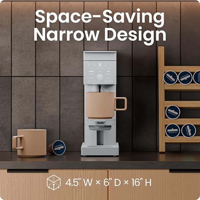 Chefman Caffeinator Single Serve Coffee Maker, Brew Kcups & Grounds, Drip Coffee Machine with Brew Strength Settings, Iced Coffee Function, 45 oz. Removable Water Reservoir