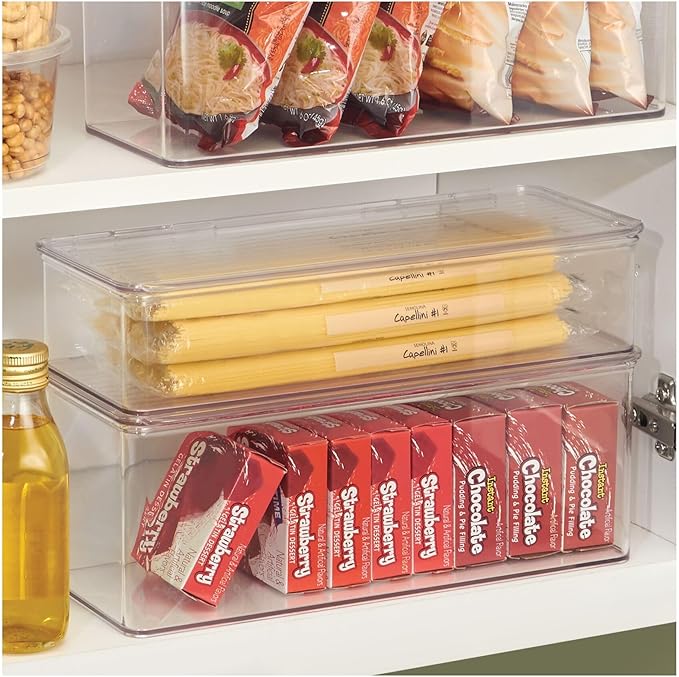 iDesign Plastic Stackable Hinged-Lid Pantry or Kitchen Storage Box - Set of 2 - Clear