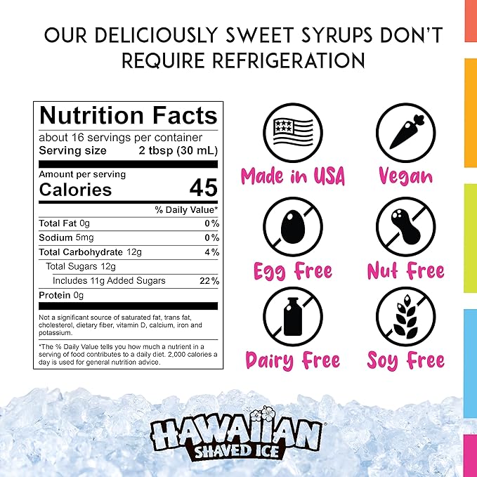 Hawaiian Shaved Ice Mango Syrup - Nut Soy Dairy Free - Flavor Fluffy & Crunchy Snow Cones - Shelf Stable - Makes 8 Servings - 16 ounces