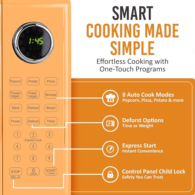 Nostalgia Modern Retro Compact Countertop Microwave Oven - 1.1 Cu. Ft. - 1000-Watts with LED Digital Display - Child Lock - Easy Clean Interior - Orange