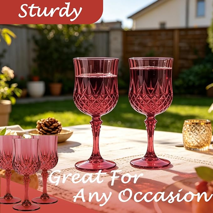 Plastic Wine Glasses, Plastic Goblets Vintage Style Cordial Unbreakable Drinking Glasses, Reusable Drinkware for Wedding Reception, Grand Event Party Supplies (24, Burgundy)