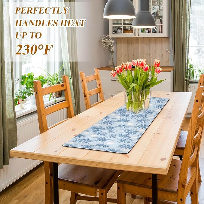 2 in 1 Table Runner Trivet for Hot Pots and Pans Heat Resistant Non Slip Waterproof 39 x 12 Inch Decorative Table Protector for Kitchen Countertop Light Blue Palm Trees and Sun