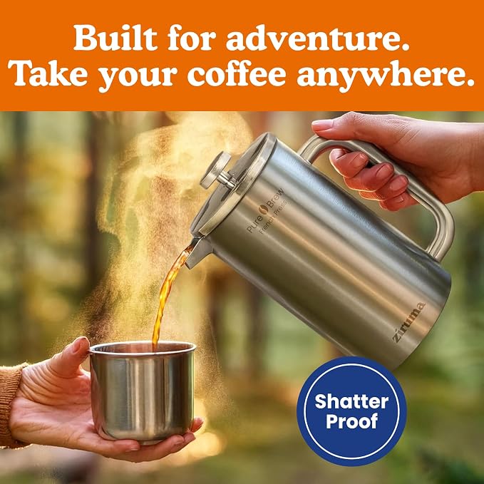 Non-Toxic Stainless Steel French Press, No Plastic or Heavy Metals, 34 oz | Surgical-grade steel. 4-layer filter. Double-wall insulated, stays hot for longer. Measure marks. Dishwasher safe. Portable.