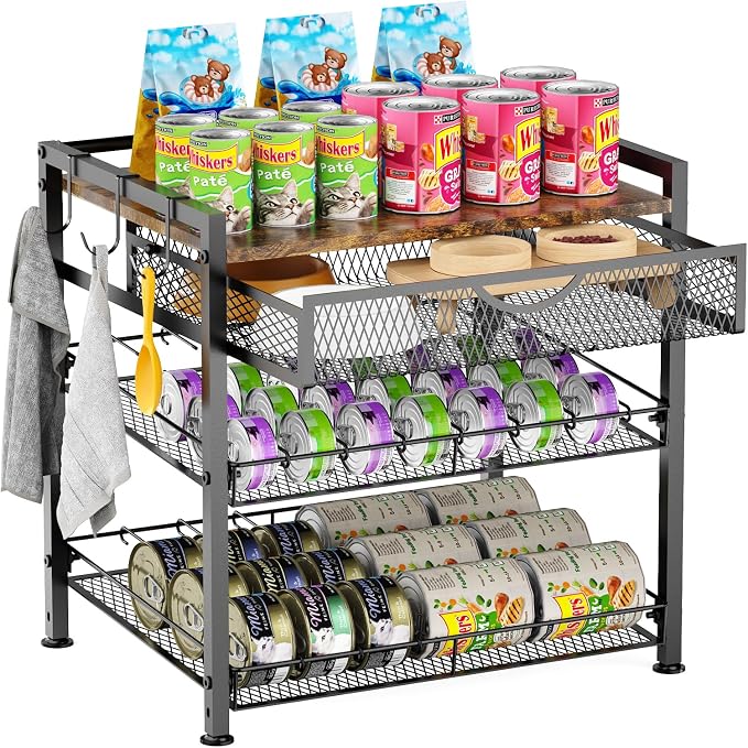 Cat Food Organizer，2 Floors Bring Drawer Storage Rack, Manually Adjust The Gap Size，Store Suitable Can Sizes Container，Automatic Slip Design，Suitable For Pet Food Canned Food Dispenser