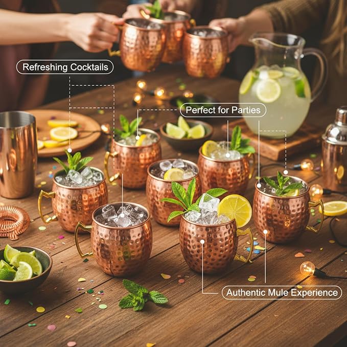 Tessco 12 Pcs Moscow Mule Mugs 16 oz Copper Mugs Kit 304 Hammered Copper Plated Stainless Steel Mule Cups for Cold Drinks Coffee Beer Wine Chilled Drink(Trendy Style,Rose Gold)