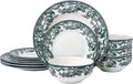 Montana 12-Piece Chip-Resistant Porcelain Dinnerware Set – Service for 4 | Reinforced Scratch-Shield Glaze | Large 25oz Deep Bowls | Elegant Green Floral Border | Dishwasher, Microwave, & Oven Safe