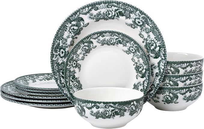 Montana 12-Piece Chip-Resistant Porcelain Dinnerware Set – Service for 4 | Reinforced Scratch-Shield Glaze | Large 25oz Deep Bowls | Elegant Green Floral Border | Dishwasher, Microwave, & Oven Safe