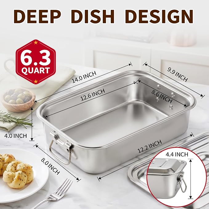 Extra Deep Stainless Steel Lasagna Pan with Loop Handles & Lid, 14 x 9.9 x 4 Inch, 6.3 QT Large Casserole Baking Dish, Oven Safe Heavy Duty Baking & Roasting Pan for Meal Prep & Storage