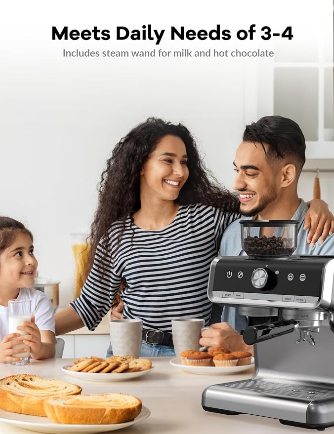 GarveeHome Espresso Machine With Grinder, 20 Bar Semi-Automatic Espresso Coffee Maker With Milk Frother Steamer Wand Cappuccino Latte Macchiato, 95 oz Water Tank, PID Temperature Control, Light Gray
