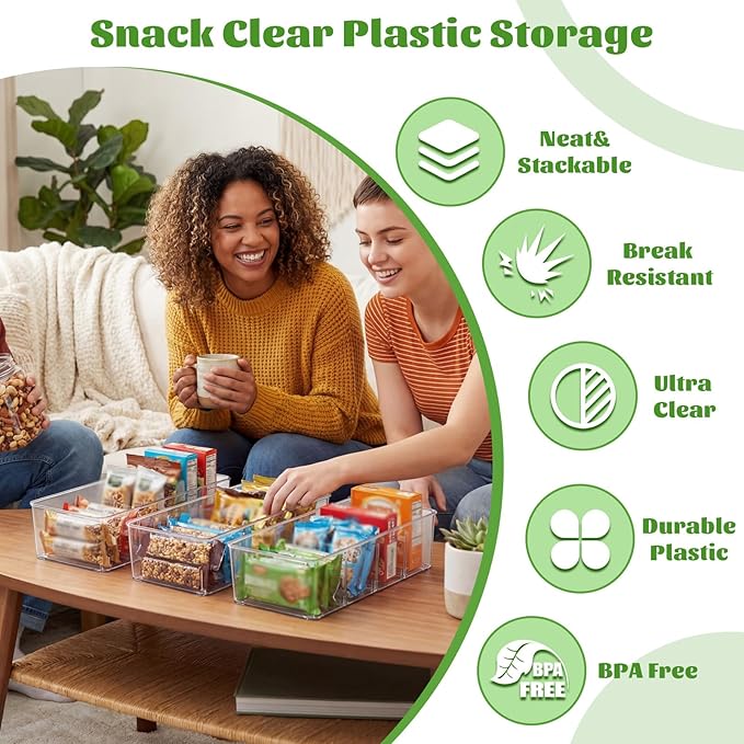 Mifoci 16 Pcs Snack Pantry Organizer and Storage - Clear Plastic Storage Bins for Pantry Shelf with 3 Divider Stackable Plastic Containers Box with Handle for Kitchen Cabinet Fridge Closet Bathroom