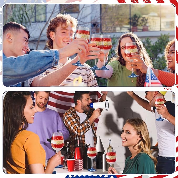 SiliFine 4 Pcs 4th of July Patriotic Party Stemmed Wine Glasses Hand Painted American Flag Stripes Fireworks Drinking Cup Wine Glasses Gifts for Independence Day Theme Holiday Party Supplies