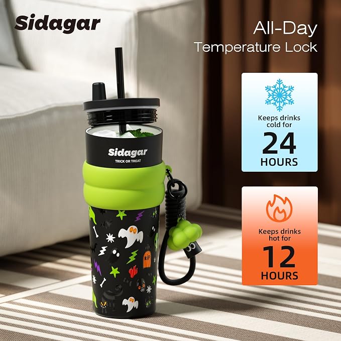 24 oz Tumbler with Lid and Straw, Insulated Coffee Mug Leak Proof, Portable Iced Travel Water Bottle, Reusable Thermal Coffee Cup, Gift for Women, Halloween