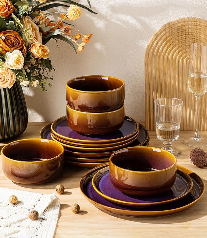 TheTerra Ceramic Dinnerware Sets for 6, 18 Pieces Handmade Reactive Glaze Plates and Bowls Set, Scratch Resistant Dish Set, Oven & Microwave & Dishwasher Safe, Amber Amethyst