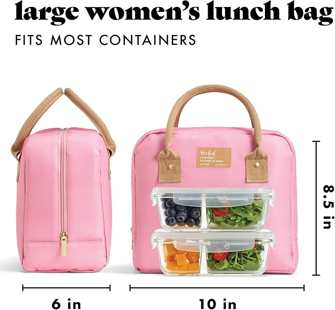 Fit & Fresh Bloomington Lunch Bag for Women - Insulated Large Lunch Box for Work with Containers, Leak-Resistant, Stain-Resistant, Zipper Closure, Dusty Rose
