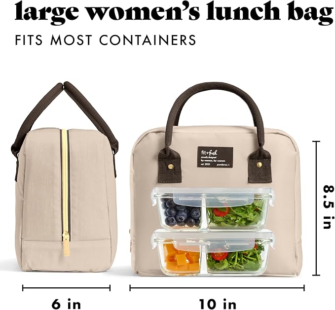 Fit & Fresh Bloomington Lunch Bag for Women - Insulated Large Lunch Box for Work with Containers, Leak-Resistant, Tan