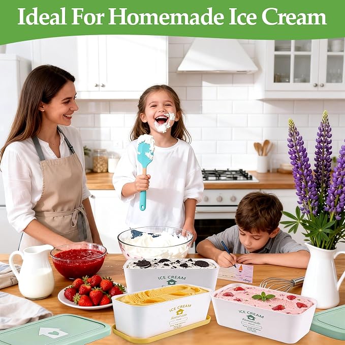cyrico Ice Cream Containers for Homemade 2 Pack 2 Quart Each, Reusable Ice Cream Containers with Silicone Lids Sorbet Frozen Yogurt Storage Set BPA Free Stackable Leakproof Dishwasher Freezer Safe
