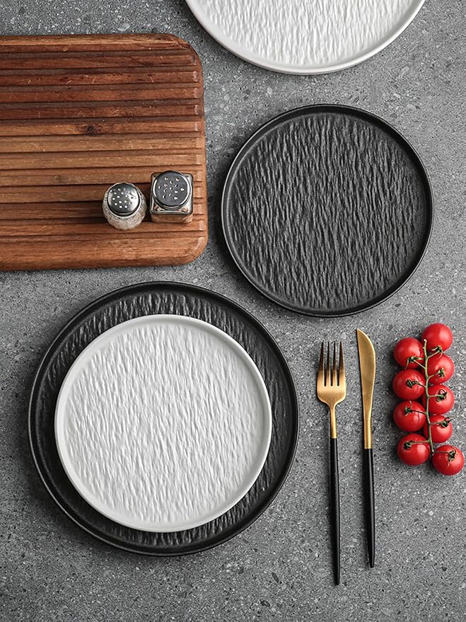 Ceramic Dinnerware set for 4 Matte White, 16 pcs, Dish set for 4 | Kitchen Plates and Bowls Set Porcelain, Rock-Textured Dishware Sets Stoneware Dinner Plates Sets Platos de Cocina Vajilla