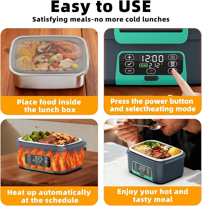XL 6.3-Cups Cordless Electric Heated Lunch Box for Adults, Rechargeable Battery Powered Smart Self Heating Lunchbox for Men Women, 100W Food Warmer for Trucks Driver Travel Office Worker