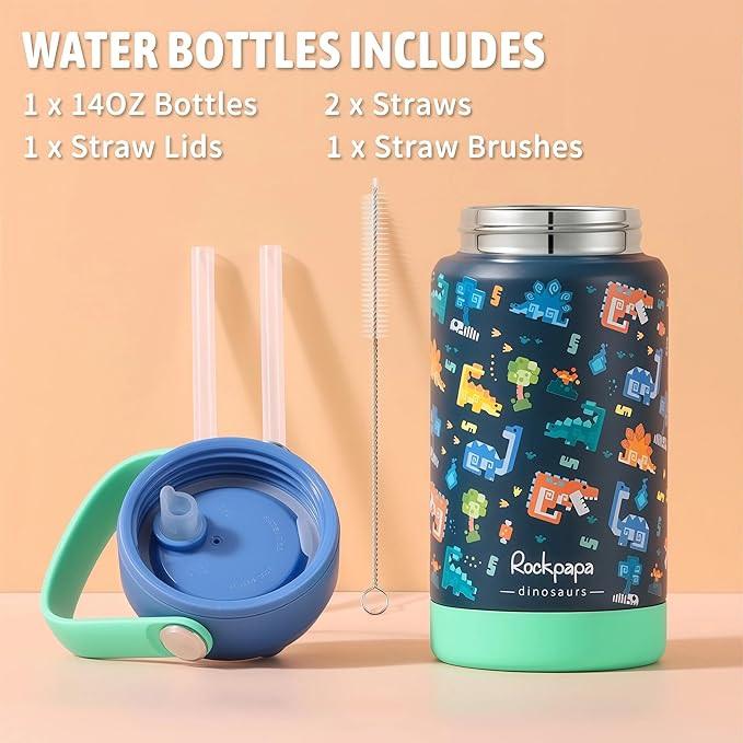 rockpapa Kids Lunch Box Set with 14oz Insulated Water Bottle & Lunch Bag, Leakproof 5.5 Cups Bento Box for School & Children, BPA-Free, Microwave Safe for Boys Girls (Blue Dinosaur)
