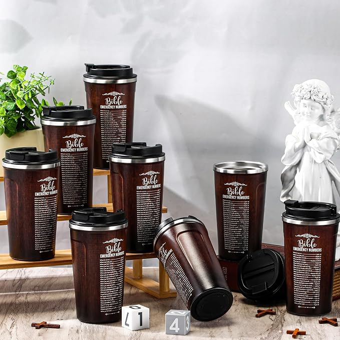 Meanplan 10 Set Father's Day Christian Bible Verse Tumbler Bulk 17oz Coffee Cup Religious Jesus Tumbler Inspirational Mug for Pastor Appreciation Gifts(Brown, Emergency Number Style)