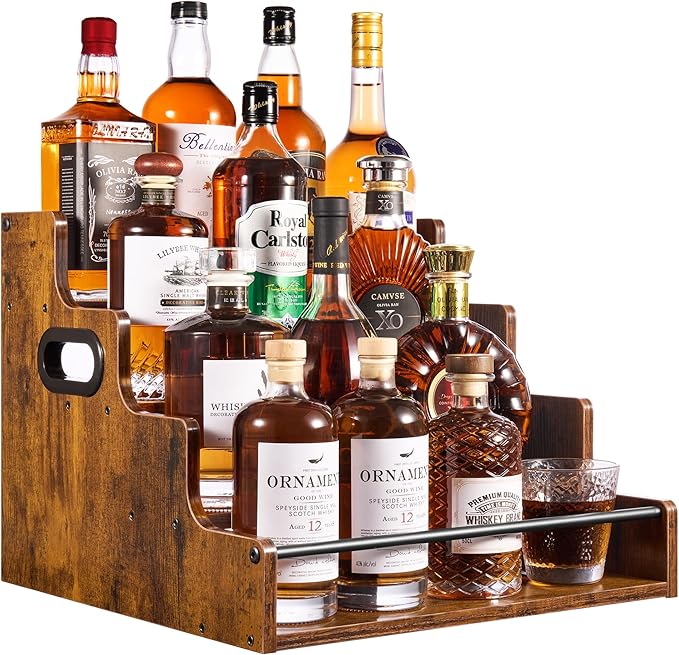 YQBRAO 4-Tier Tiered Liquor Bottle Display Shelf - 16-Inch Rustic Wood Liquor Rack & Coffee Syrup Organizer - Heavy-Duty Countertop Spice Rack with Guardrails & Handles for Bar, Kitchen, Office