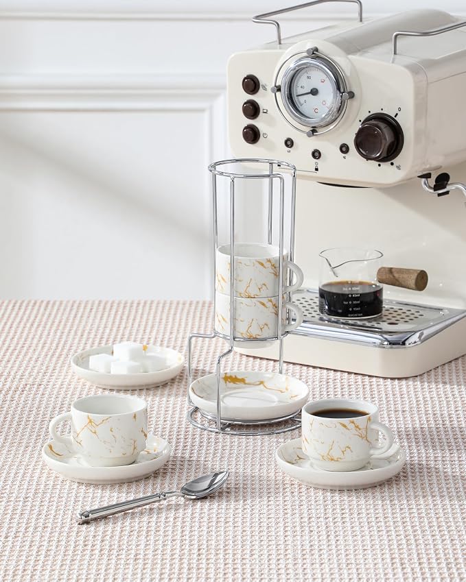 MALACASA 2.5 OZ Porcelain Espresso Cups with Saucers and Metal Stand Set of 4, Stackable Cappuccino Cups, Marble White Expresso Shots Cup Set for Coffee Drinks, Latte, Tea