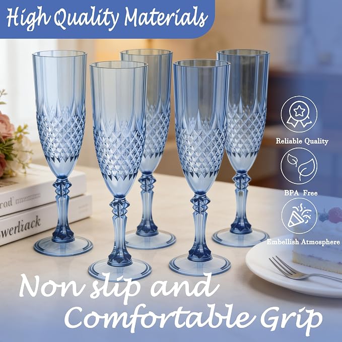 Plastic Champagne Flutes, Champagne Glasses Bulk, Reusable Unbreakable Acrylic Wine Glasses Goblets for Weddings Bachelor Parties Toasting Bridal Shower (24, Blue)