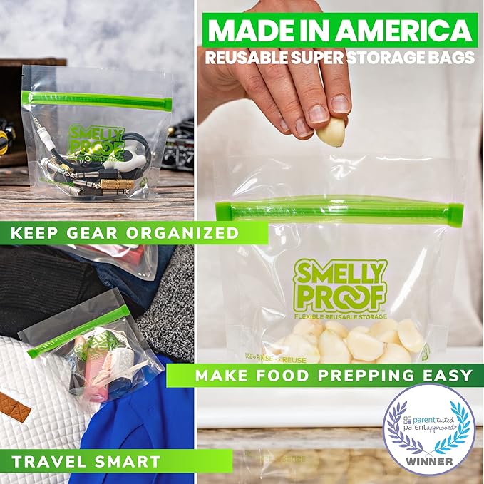 Smelly Proof 25 x Expandable Stand-Up & Fill REUSABLE Food Storage Bags, US Made, NO PEVA & BPA FREE, Reusable Freezer Bags, Dishwasher-Safe, Clear 3 mils STAND & FILL 4" x 3" - 25pk