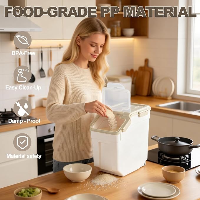 RUIAN 2Pcs Large Flour Storage Container Bin 25Lb Airtight Rice Storage Containers with Wheels Seal Locking Lid, BPA Free with Measuring Cup&Scoop for Flour, Rice, Grain (Gray)