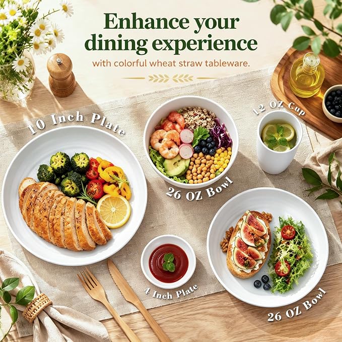 Wrova 40PCS Modern Plates and Bowls Sets Service for 8, Unbreakable Wheat Straw Dinnerware Sets Microwave Safe, Reusable Deep Dinner Plates/Cereal Bowls/Sauce Dishes/Cup Sets for Kitchen,Party- White