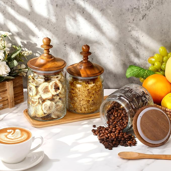 Suclain 6 Pack 17 Oz Vintage Glass Jars with Wooden Crown Lids, Decorative Jars with Graden Pattern, Airtight Glass Food Storage Containers for Tea Coffee Spice Pantry Organization