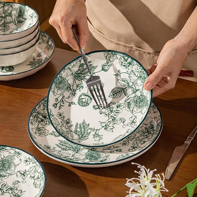 24-Piece Dinnerware Set Service 8, Porcelain Plates and Bowls Set, Vintage Green Rose Scalloped Edge, French Country Aesthetic, Microwave Dishwasher Safe