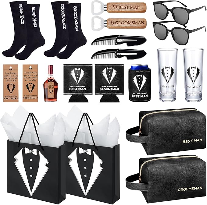 20Pcs Groomsmen Gifts Groomsmen Proposal Box with Shot Glasses Socks Sunglasses PU Leather Toiletry Bag Bottle Opener Can Cooler Groomsman Gifts for Wedding Groomsmen Best Man Gift (20, Black)