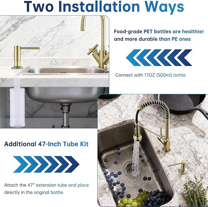 Avola Brushed Gold Kitchen Sink Soap Dispenser or Lotion Dispenser for Kitchen Sink, Brass Countertop Pump Dispenser with 47" Extension Tube Kit&17 OZ PET Bottle, Spot Free Gold Soap Dispensers