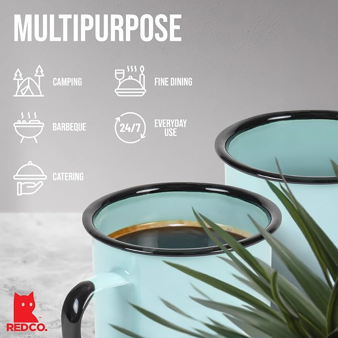 Red Co. Set of 6 Enamelware Metal Medium Classic 12 Oz Round Coffee and Tea Mug with Handle, Distressed Aqua/Black Rim