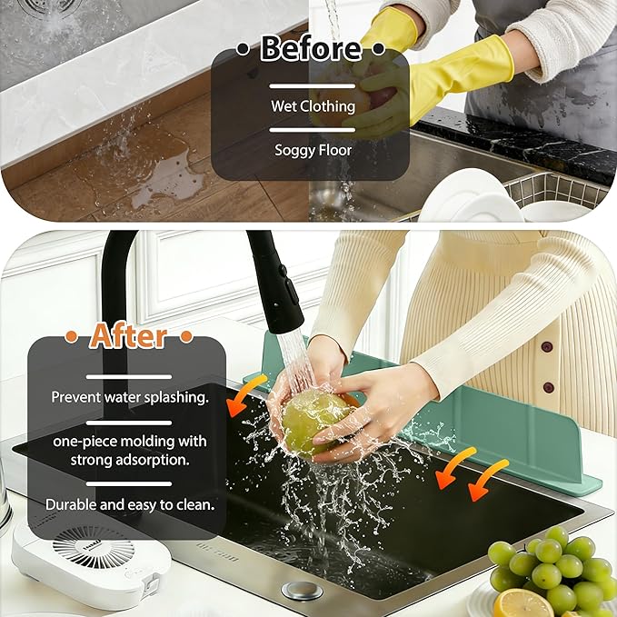 20Inch Silicone Sink Splash Guard with Strong Suction Cups, Flexible Kitchen Sink Splash Guard for Front/Back of Sink, Easy to Clean Splash Guard for Kitchen & Bathroom (Green, 20.5''x2.8'')