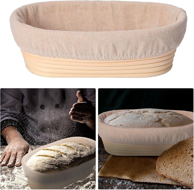 Gejoy 12 Set Bread Proofing Baskets Oval Shaped Banneton Dough Proofing Bowls Kit with Cloth Liner and Plastic Scraper Sourdough Proofing Basket for Home Sourdough Bakers Supplies (10 Inch)