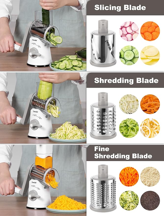 Geedel Rotary Cheese Grater Cheese Shredder - Upgraded 6-in-1 Cheese Grater with Handle and Strong Suction Base, Multi-purpose Vegetable Slicer Ice Shaver Nuts Grinder for Ice, Vegetables, Fruit