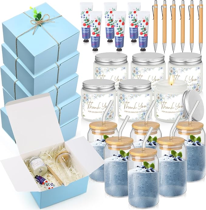 Reallnaive 6 Sets Baby Shower Prizes for Game Winners, Baby Shower Favors Including Glass Cup Scented Candles Hand Cream Pens Gift Box with Raffia for Gender Reveal Wedding Bridal Party Prizes(Blue)
