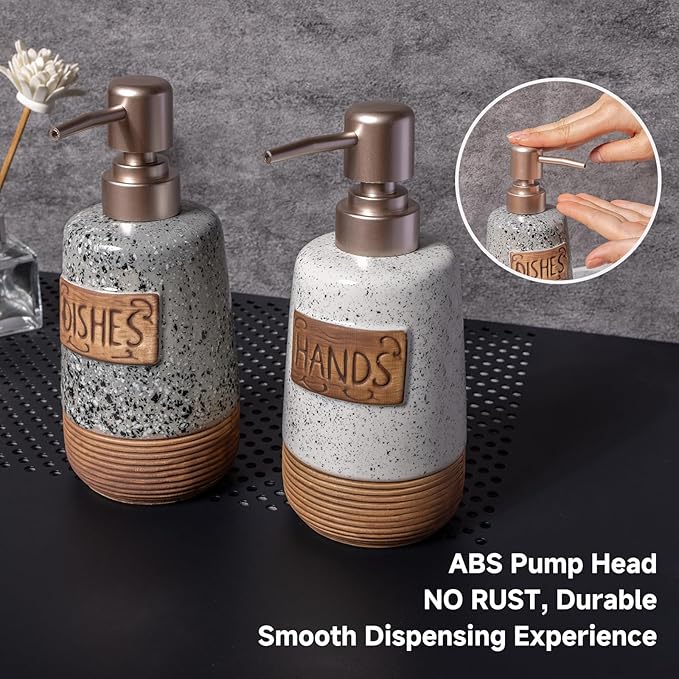 Hand and Dish Soap Dispenser Set, Farmhouse Ceramic Soap Dispenser for Kitchen Sink, 15 OZ Vintage Hand Wash Liquid Dispenser for Bathroom Farmhouse Modern Kitchen Decor Accessories