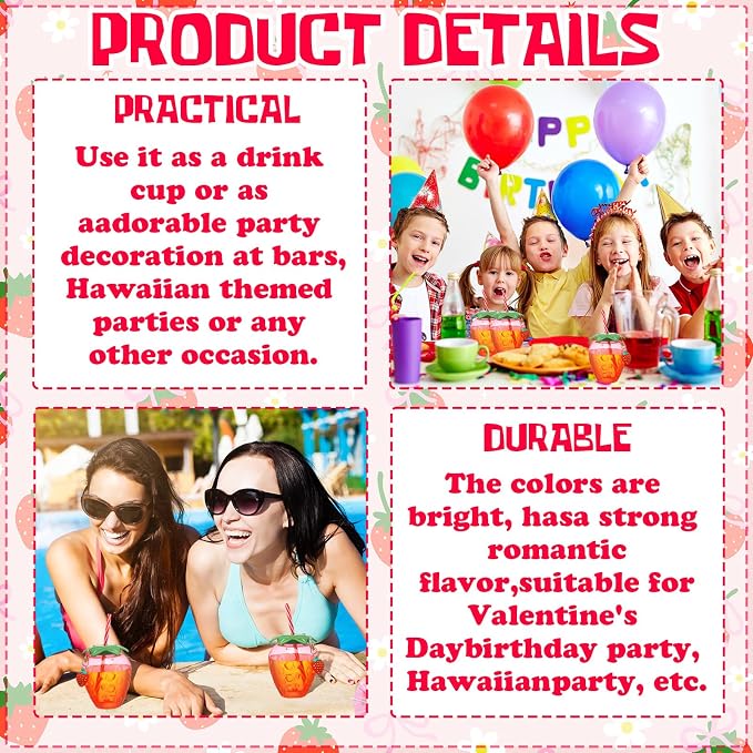 LemonRoad 20 Pcs 17 oz Strawberry Shaped Cups with Lids and Straws Reusable Cute Drinking Cups Strawberry Water Bottles for Hawaiian Summer Party