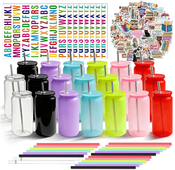 16 oz Plastic Cups Reusable with Lids and Straws & DIY Sticker, 20Pack Acrylic Mason Jars Iced Coffee Drinking Glasses Cup for Park Picnic, Poolside, Party Giveaways, Jelly Color