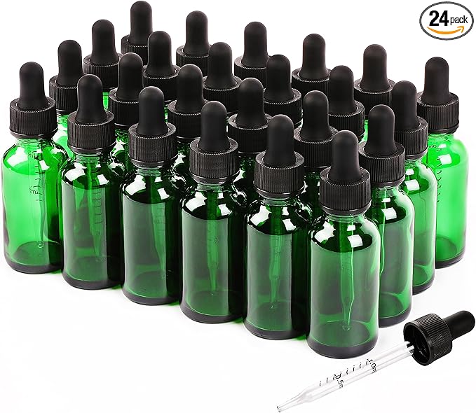 NOOEEISS 24 Pack,1oz Glass Dropper Bottle,Green Tincture Bottles with Dropper,Pretty Finish for All Kinds of Liquids,Oil Bottles for Hair- Stronger Suction ideal for Leakproof Travel