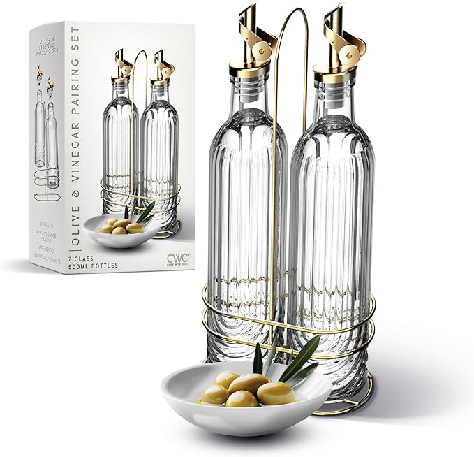 COOK WITH COLOR Glass Olive Oil Bottle Dispenser - 2 Pack- 17oz Oil and Vinegar Cruet - Olive Oil Carafe Decanter for Kitchen, Elegant Fluted, Clear
