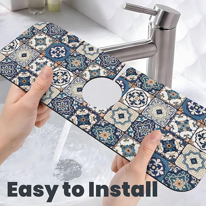 2Pcs Dish Drying Mats Faucet Mats Sets Large Size Coffee Mats Sink Faucet Mat Splash Guard for Kitchen Counter Bathroom Sink Coffee Bar Kitchen Decor (Blue Boho, 18"x24" 15" x 5.5"Set)