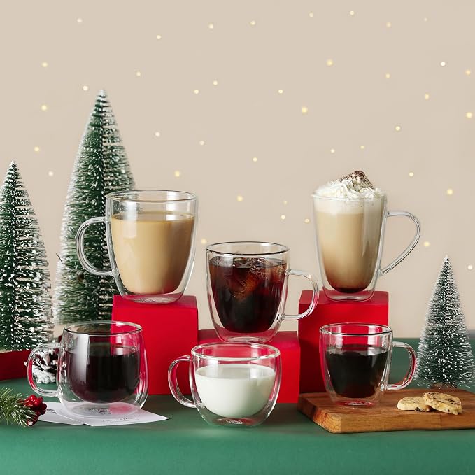CNGLASS 8oz Double Wall Glass Coffee Mugs,Clear Insulated Espresso Glass Mugs with Handle for Latte,Cappuccino,Coffee,Set of 4