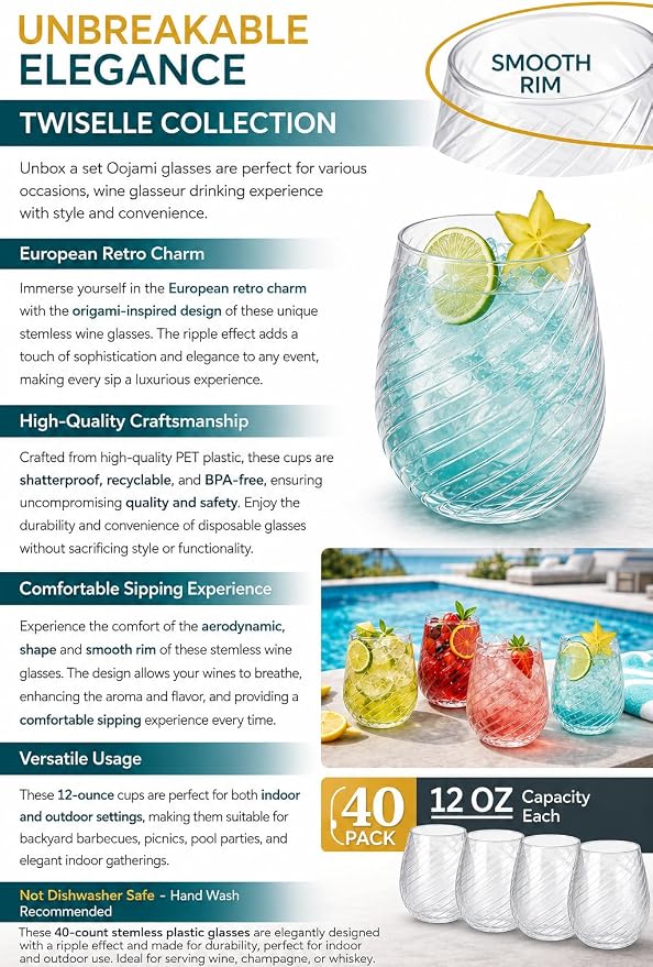 Oojami 40 Pack 12 oz Disposable Wine Glasses Stemless Ribbed Origami Cocktail Champagne Glasses, Shatterproof Unbreakable BPA-Free Recyclable Reusable Plastic Wine Cups for Wedding Birthday Party