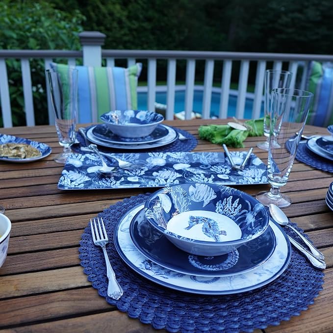Sea Life Melamine 12 Piece Dinnerware Set – Service for 4 Coastal Themed Plates and Bowls with Ocean Art, Reusable Nautical Dinnerware for Indoor/Outdoor Dining, Dishwasher Safe, Break-Resistant
