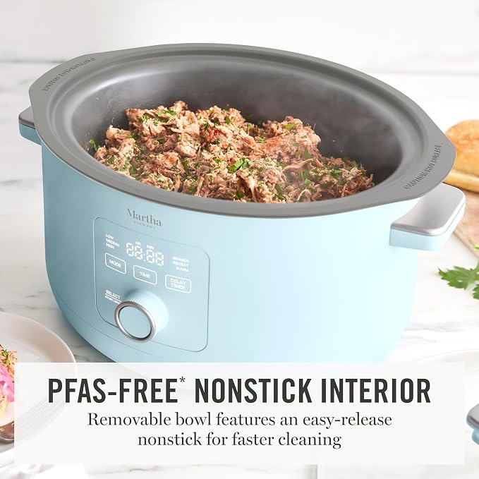 Martha Stewart 8 QT Slow Cooker, Programmable with Timer, 3 Heat Settings (Low, High, Warm), Nonstick Ceramic Removable Crock, Stovetop & Oven Safe, Glass Lid, Simmer, Reheat, Warm, Sky